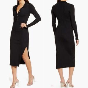 Good American Black Ribbed Sheath Dress with Polo Collar